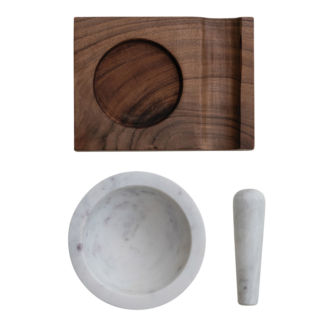 Marble Mortar &amp; Pestle w/ Wood Base