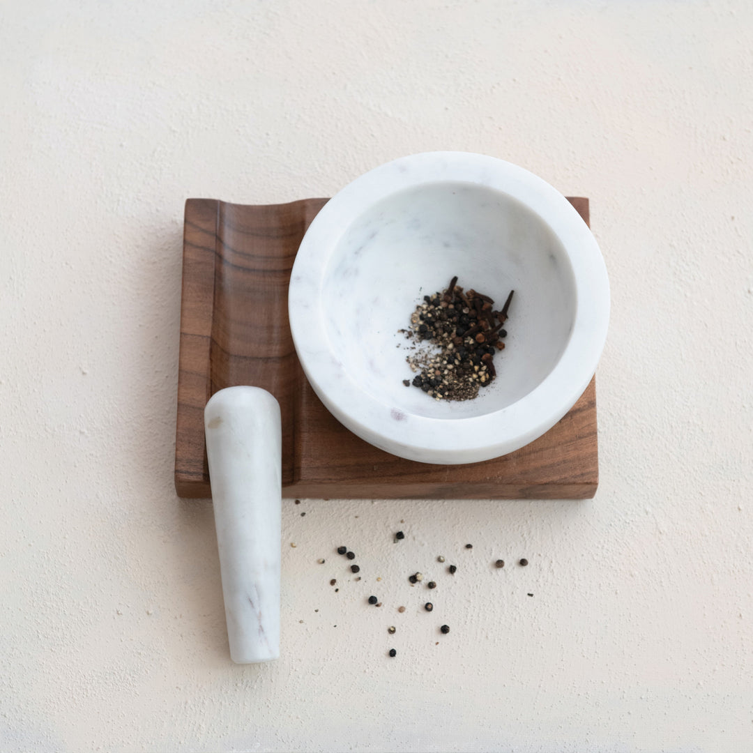 Marble Mortar &amp; Pestle w/ Wood Base