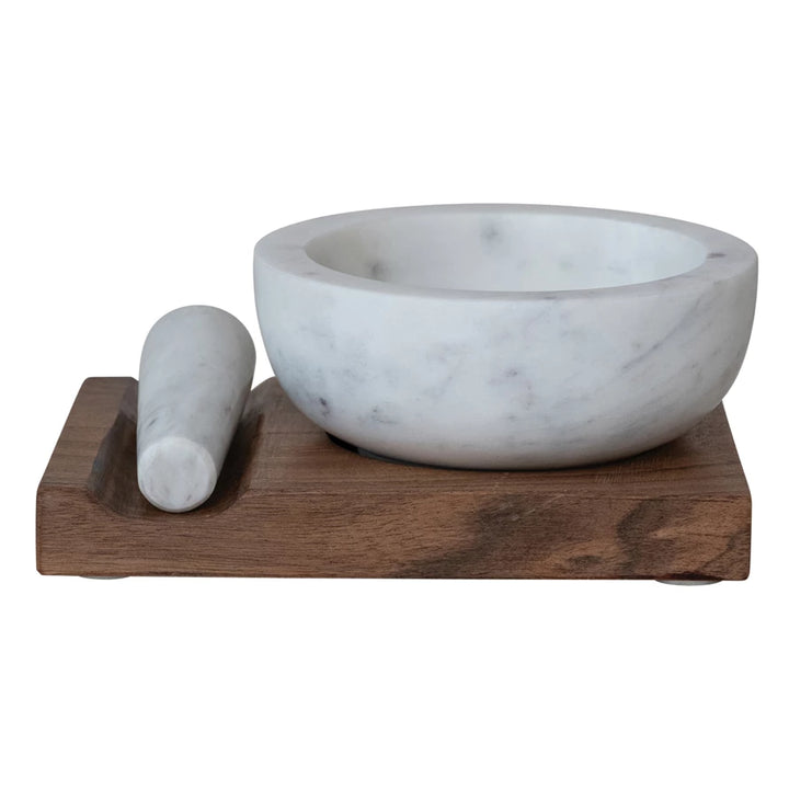Marble Mortar &amp; Pestle w/ Wood Base
